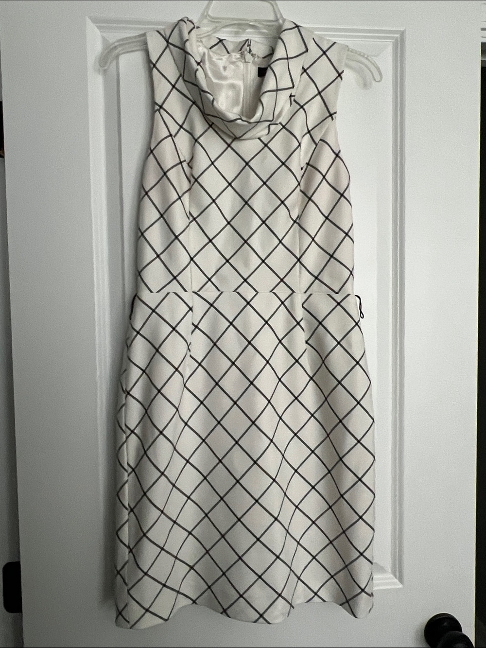 White House Black Market Cream and Black Grid Fit-and-Flare Dress